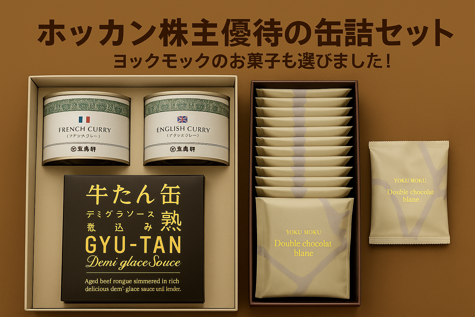 ホッカンホールディングスの株主優待で届いた缶詰セット。フランス風・イギリス風カレー、牛タンデミグラス缶、ヨックモックのダブルショコラブランが並ぶ。
