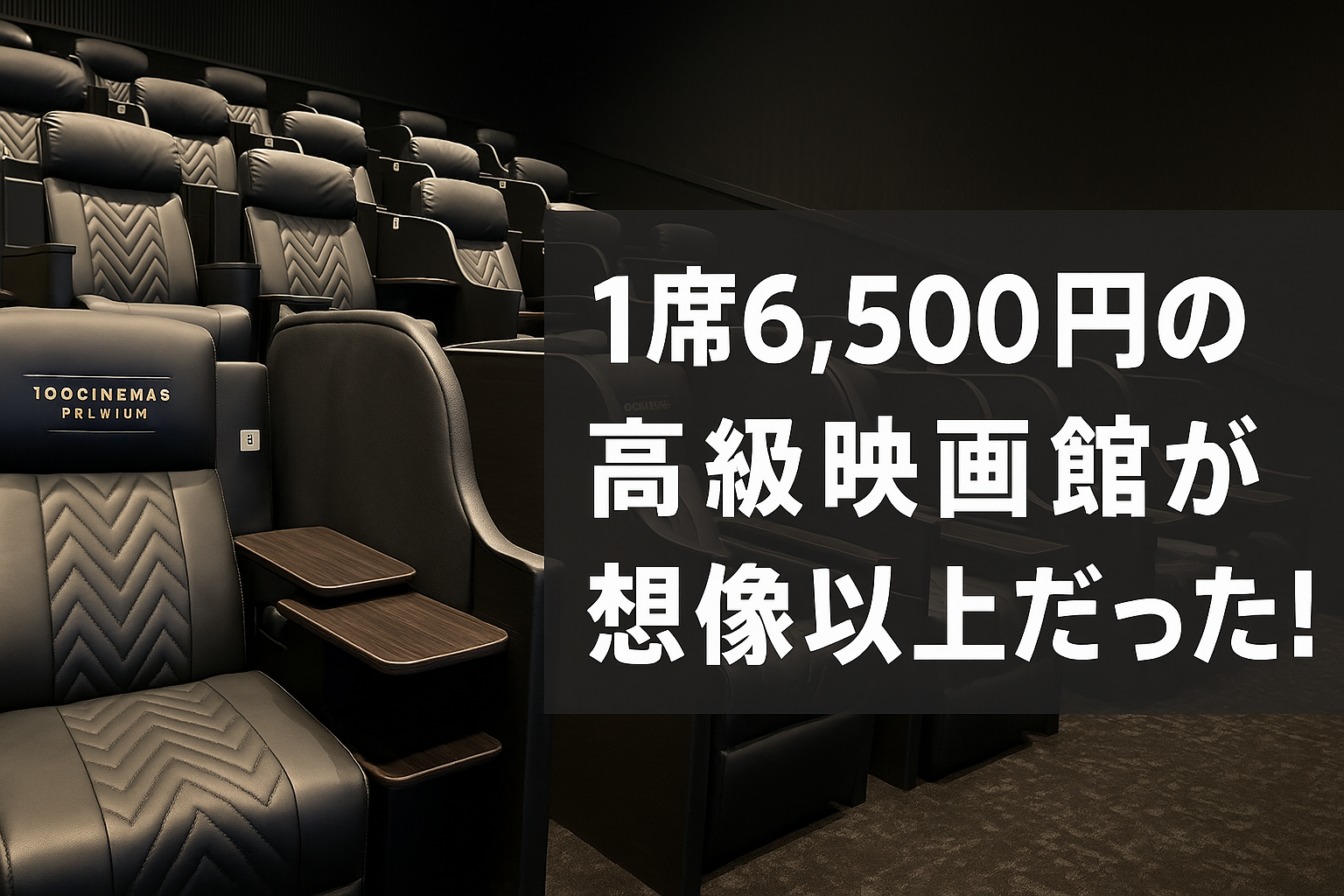 109シネマズプレミアム新宿のラグジュアリーな映画館を紹介するアイキャッチ画像。高級感のあるシートや専用ラウンジ「OVERTURE」の雰囲気、プレミアムな映画体験を伝えるタイトル付きデザイン。1席6,500円の映画館の価値と魅力が伝わるビジュアル。