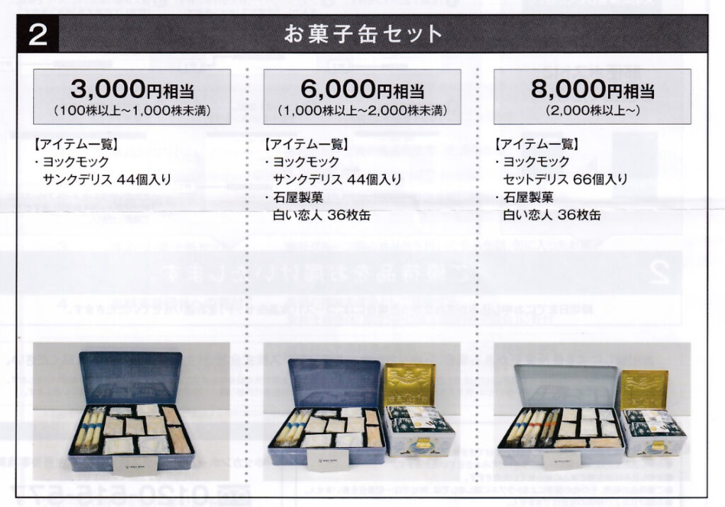 ホッカンの株主優待「お菓子缶セット」の案内画像。保有株数に応じて3,000円・6,000円・8,000円相当の3種類があり、ヨックモックのサンクデリスや石屋製菓の白い恋人が詰め合わせで紹介されている。画像には内容に応じた缶入りのお菓子セットの写真が並んでいる。