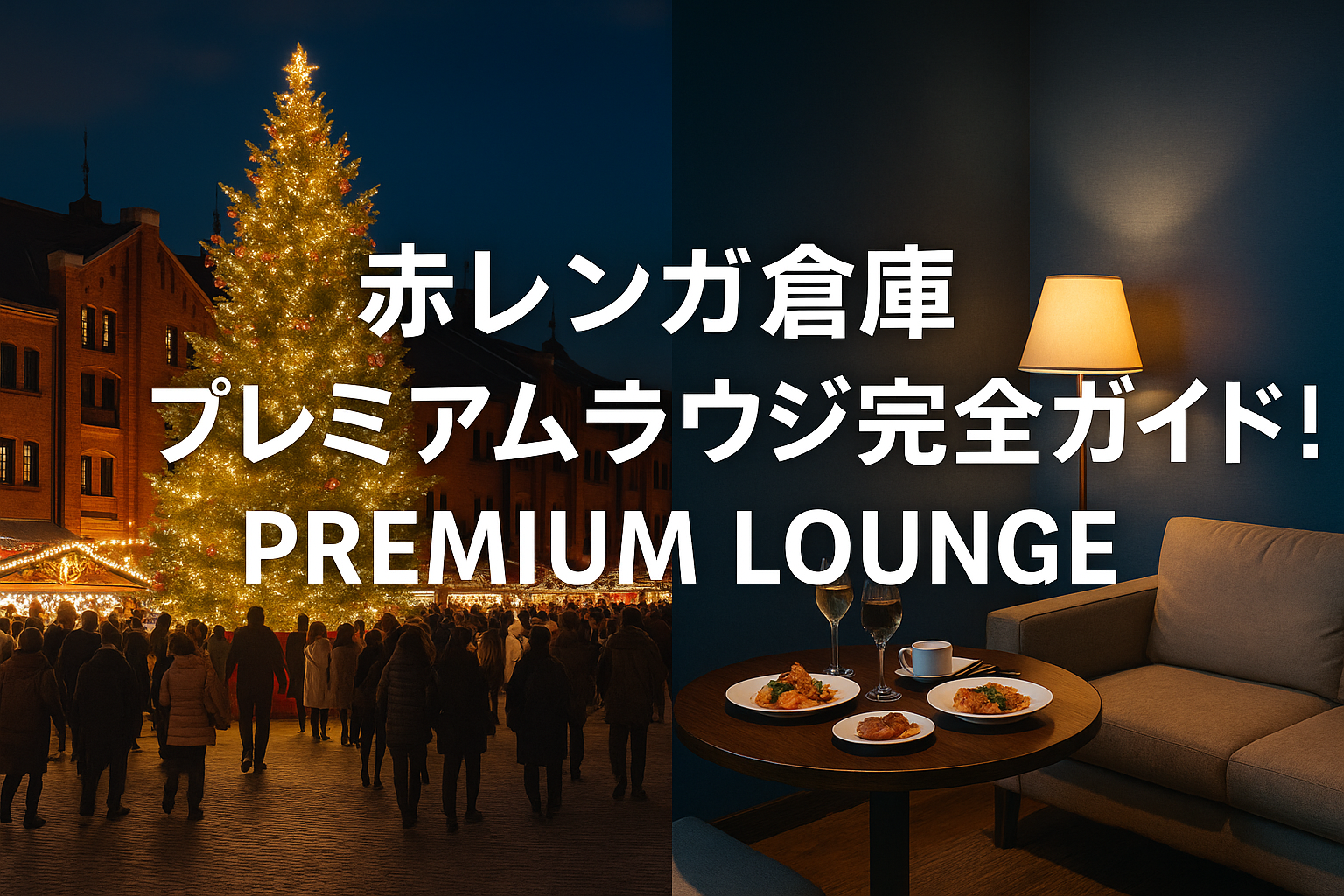 横浜赤レンガ倉庫のクリスマスマーケットとプレミアムラウンジの様子を左右に分けて表現したアイキャッチ画像。左側にはイルミネーション輝く大きなクリスマスツリーと人々で賑わう赤レンガ倉庫、右側には落ち着いた照明のプレミアムラウンジでの食事風景。中央に「赤レンガ倉庫 プレミアムラウンジ完全ガイド！PREMIUM LOUNGE」の白い文字がバランスよく配置されている。