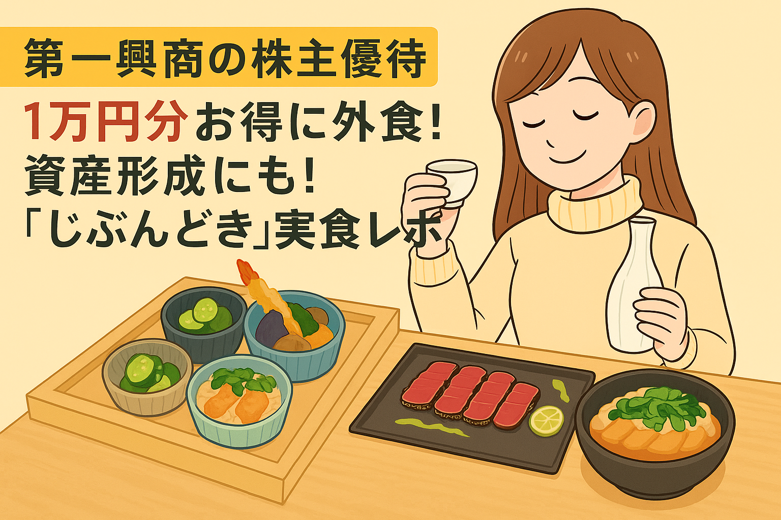 ブログ運営者COCOのイラストが食事を味わっている顔で座り、和食ディナーを楽しんでいる様子を描いたイラスト。背景には料理のイメージのイラストが描かれている。