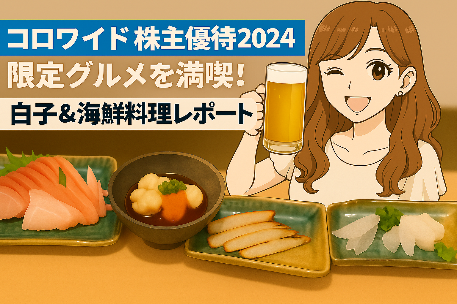 コロワイドの株主優待で訪れた店舗の限定グルメを楽しむ様子を描いたイラスト。白子ポン酢、刺身、焼き魚などの海鮮料理が並び、ビールジョッキを手に笑顔を見せるブログ運営者COCOのイラスト。※顔はイラストで表現しています。