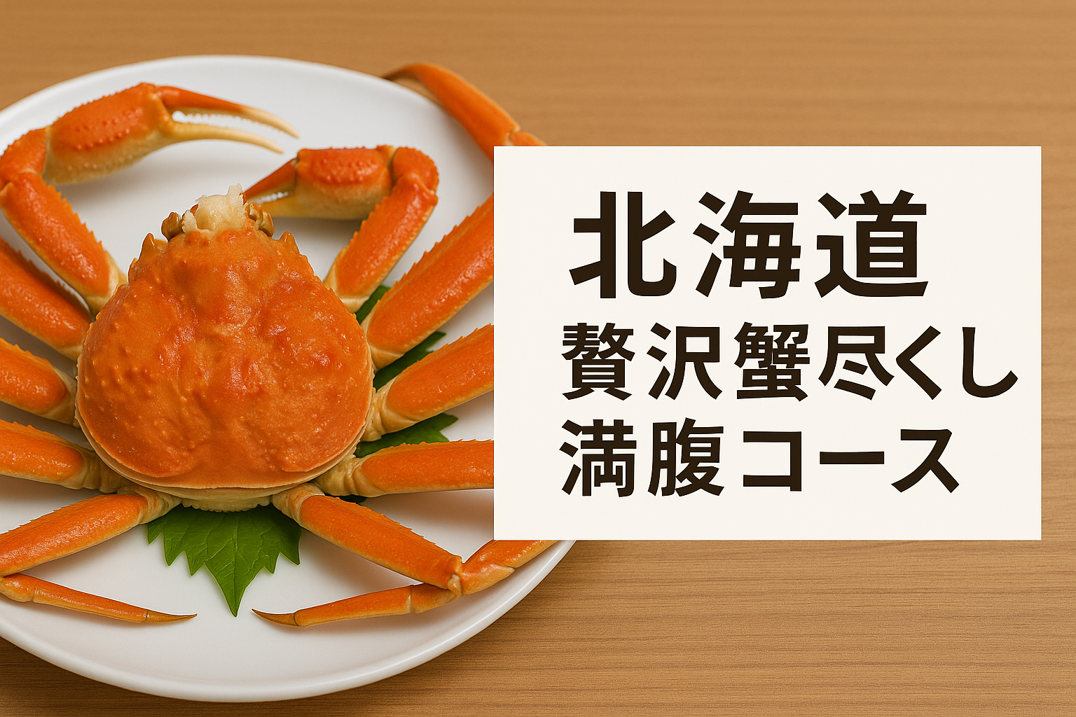 ズワイガニが丸ごと1杯盛られた白い皿の上に、鮮やかな赤い甲羅と脚が放射状に並べられている。横には「北海道 贅沢蟹尽くし満腹コース」という大きな日本語テキストが白背景に黒字で表示されている、横長のアイキャッチ画像。