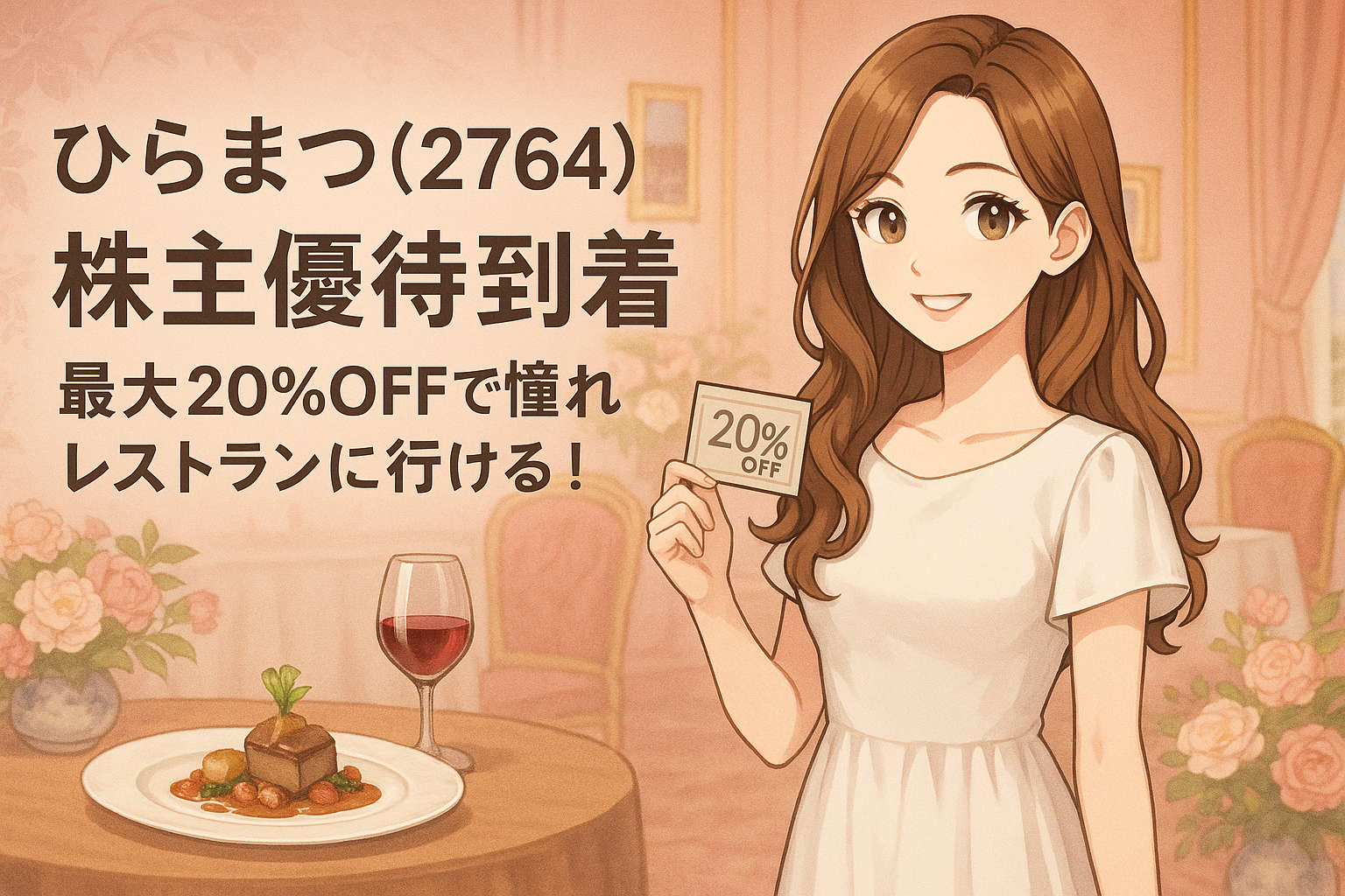 ひらまつ（2764）の株主優待カードを持って笑顔の女性。背景には高級レストランのテーブルとフレンチ料理、グラスワインが並ぶ華やかな空間。「最大20％OFFで憧れレストランに行ける！」という文字入りのアイキャッチ画像
