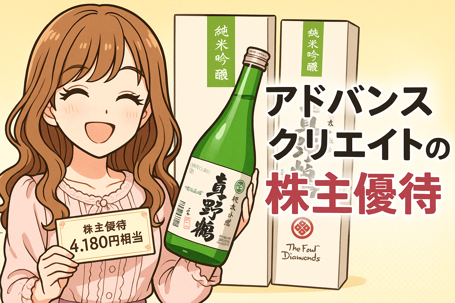 「アドバンスクリエイトの株主優待」を紹介するイラスト。明るい茶髪の巻き髪でピンクのガーリーな服を着たキャラクター（ブログ運営者COCO）が笑顔で登場し、「株主優待 4,180円相当」と書かれた札と日本酒「真野鶴（純米吟醸）」の瓶を手にしている。背景には真野鶴の箱が2本並び、右側には「アドバンスクリエイトの株主優待」という文字が記載されている。