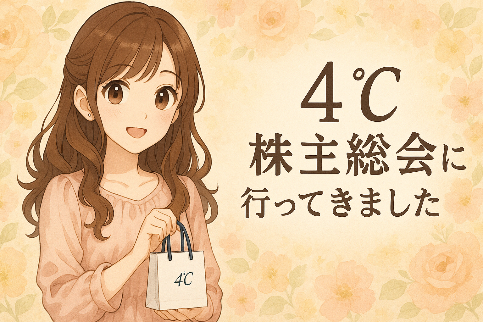4℃株主総会のイラスト。株主招待状と4℃の紙袋を持ってほほえむ女性のイメージイラスト。