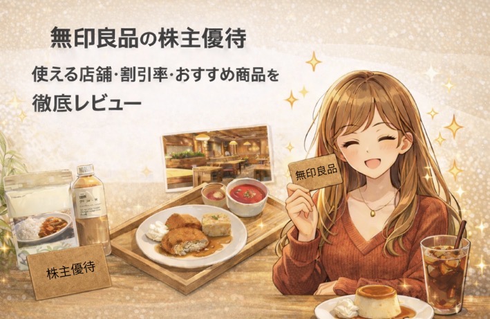 ブログ運営者COCOのイラストが、無印良品の株主優待カードを手に、MUJIの食品やカフェメニューと一緒に株主優待の内容を紹介しているアイキャッチ画像