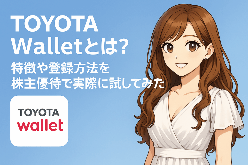 【TOYOTA Walletとは？特徴や登録方法を株主優待で実際に試してみた】という記事のアイキャッチ画像。左側にTOYOTA Walletのタイトルとロゴ、右側には明るい茶髪の巻き髪で白いワンピースを着たブログ運営者COCOのイラストが微笑んで描かれている。背景は青のグラデーションで、全体が清潔感あるデザイン。