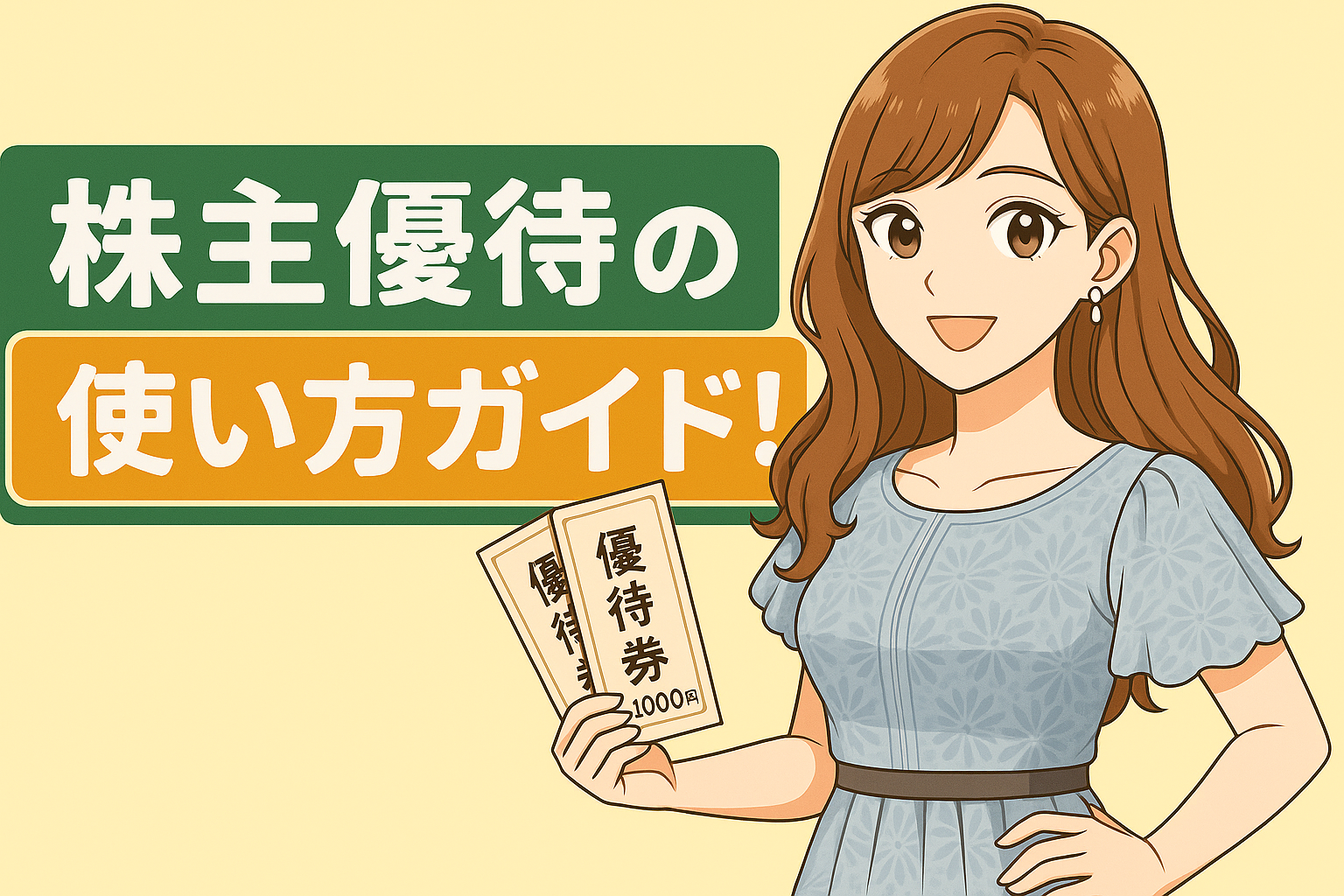 ブログ運営者のCOCO（長い明るい茶髪・青いレースのワンピースのイラスト）が、「優待券」と書かれた紙を手に笑顔で立っている。背景には「株主優待の使い方ガイド！」という日本語のタイトルが、緑とオレンジの枠に白抜き文字で表示されている横長バナー。