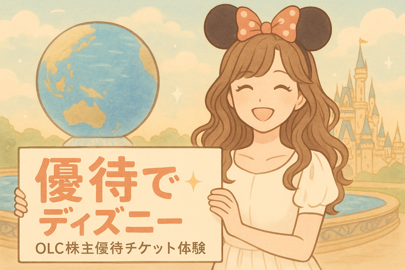 ミニーのカチューシャをつけたブログ運営者COCOの（似顔絵）が笑顔で看板を掲げ、「優待でディズニー OLC株主優待チケット体験」と書かれたアイキャッチイラスト。背景にはディズニーリゾートのアクアスフィアとお城が描かれている。