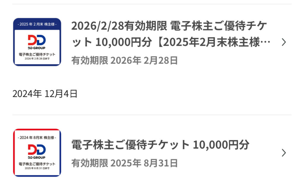 2024年分と2025年分の優待チケットが表示されたgift wallet履歴