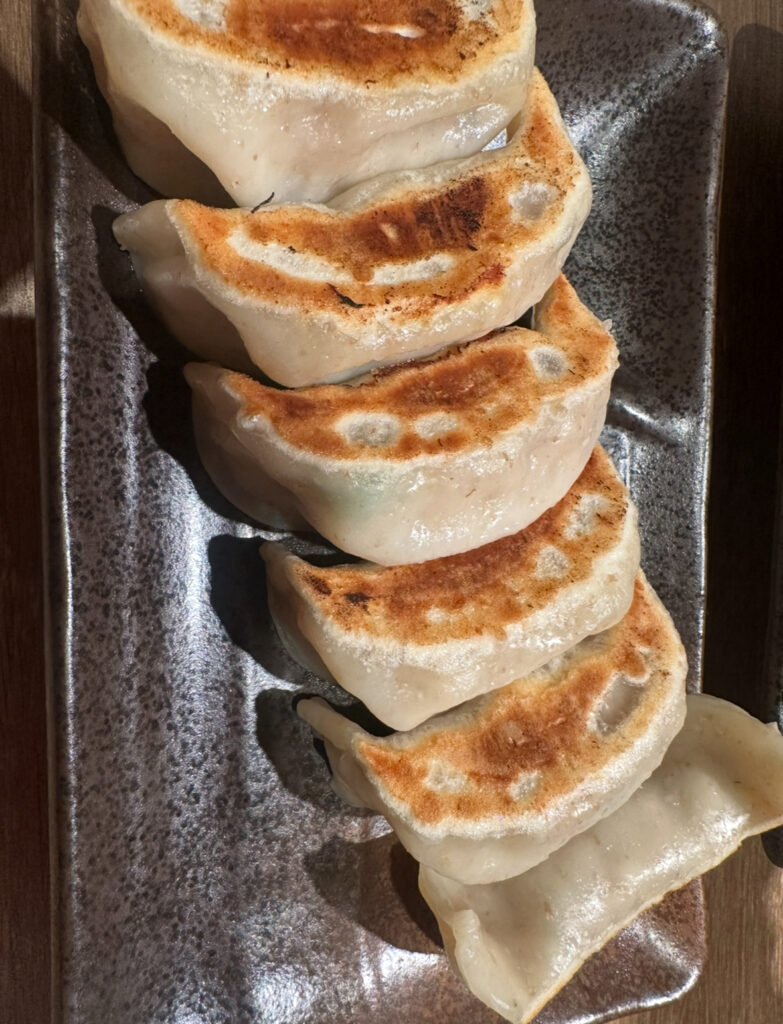 黒い長方形の皿にきれいに並べられた焼き餃子5個。皮はきつね色に焼き上がっており、香ばしい焼き目がついている