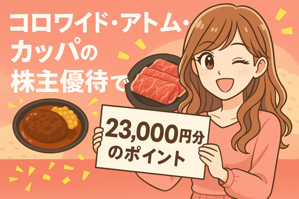 コロワイド・アトム・カッパの株主優待で合計23,000円分のポイントがもらえることを紹介するイラスト。笑顔でウィンクしたブログ運営社COCOlが「23,000円分のポイント」と書かれたボードを持ち、背景にはステーキやハンバーグのイラストが描かれている。
