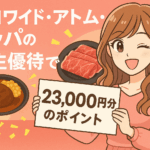 コロワイド・アトム・カッパの株主優待で合計23,000円分のポイントがもらえることを紹介するイラスト。笑顔でウィンクしたブログ運営社COCOlが「23,000円分のポイント」と書かれたボードを持ち、背景にはステーキやハンバーグのイラストが描かれている。