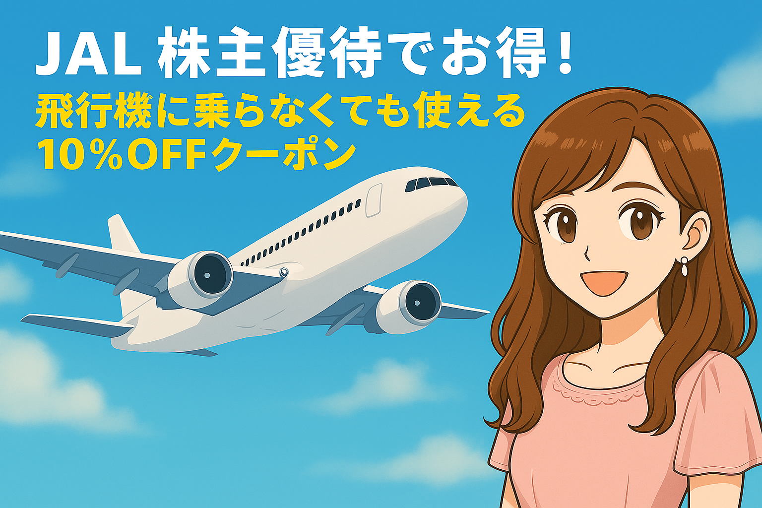 JAL株主優待の10%割引クーポンを紹介するアイキャッチ画像。空を背景に飛行機が飛び、右下には明るい茶髪のロング巻き髪のブログ運営者COCOの似顔絵が笑顔で登場。「JAL株主優待でお得！飛行機に乗らなくても使える10%OFFクーポン」という文字が空に浮かんでいる。