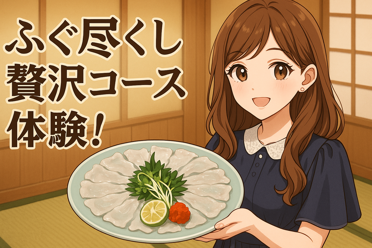 ブログ運営者COCOが、お皿に美しく盛り付けられたてっさ（ふぐ刺し）を両手で持っている様子を描いたイラスト。背景は落ち着いた和風の店内をイメージし、COCOがふぐ尽くしの豪華ディナーを楽しんでいるシーンを表現。