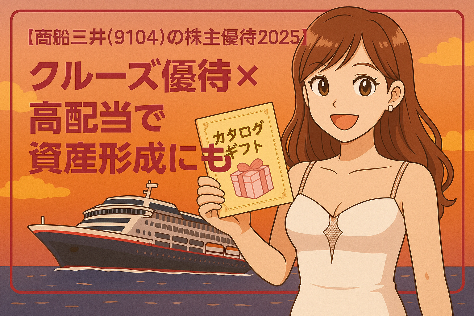 夕焼けの海を背景にしたクルーズ船と、株主優待のカタログギフトを手に微笑むブログ運営者COCOのイラスト。「クルーズ優待×高配当で資産形成にも」という文字が強調されている、商船三井（9104）の株主優待を紹介するプロモーション画像。