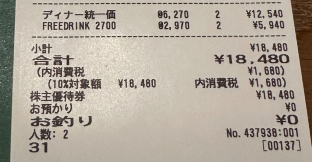 RIO GRANDE GRILL横浜ベイクォーター店での会計レシート。ディナー統一価格とフリードリンク2名分で合計18,480円。クリエイト・レストランツ株主優待券で全額支払い、お釣りは0円。