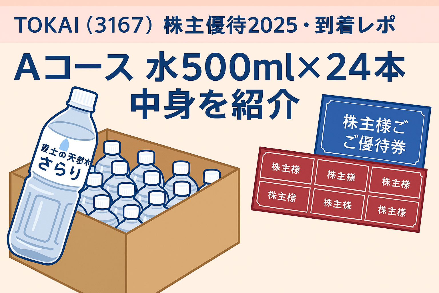 TOKAIホールディングス（3167）の株主優待2025到着レポ記事用アイキャッチ画像。Aコース「富士の天然水さらり」500ml×24本と、株主優待券（婚礼割引券・レストラン割引券）をイラストで表現し、「Aコース水500ml×24本中身を紹介」と大きく書かれている。