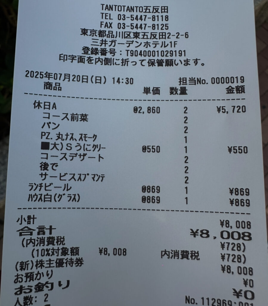 タント タント ザ・ガーデンズ五反田店の会計レシート。ランチコース2名分と追加パスタ大盛り、ドリンクを合わせた合計8,008円を、株主優待券で支払った内容