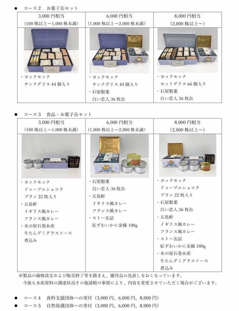 ホッカンホールディングスの株主優待2025で選べるコース2とコース3の内容一覧。ヨックモックや白い恋人が入ったお菓子缶セット、五島軒のカレーや紅ずわいがに缶が含まれた食品＋お菓子ミックスセットが紹介されている。
