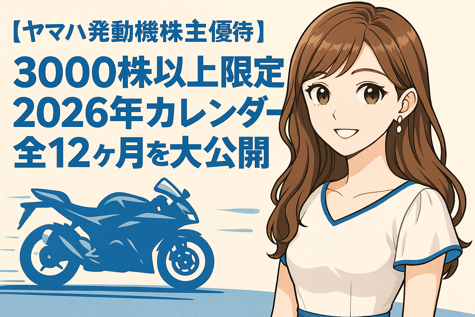 【ヤマハ発動機・株主優待】3000株以上限定の2026年カレンダーを紹介するアイキャッチ画像。右側に明るい茶髪の巻き髪で清楚な白ワンピースを着たブログ運営者COCOのイラスト、左側に青いバイクのシルエットと『3000株以上限定|2026年カレンダー|全12ヶ月を大公開』