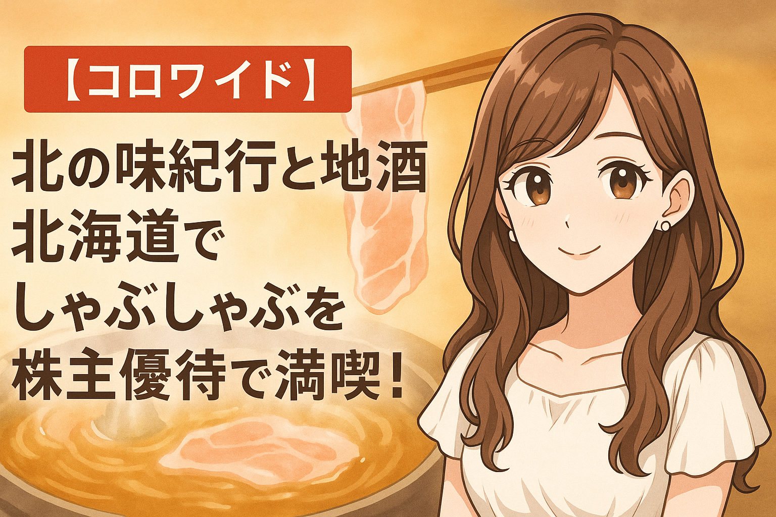 「北の味紀行と地酒 北海道」でブログ運営者COCOが株主優待を使ってしゃぶしゃぶを楽しんだ様子を描いたイラスト。明るい茶髪のロング巻き髪のCOCOが、笑顔で鍋を囲んでいる。背景にはお店の雰囲気としゃぶしゃぶの具材が並び、アイキャッチ用に横長でデザインされている。