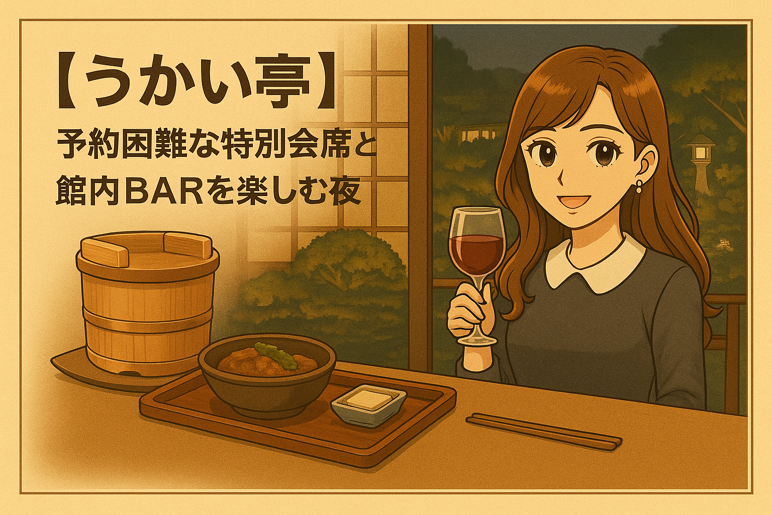 【うかい亭】予約困難な特別会席と館内BARを楽しむ夜をイメージしたイラストアイキャッチ。和の個室空間で、桶で提供されるご飯と豆腐料理を前に、ワインを手に微笑むブログ運営者COCOのイラスト。