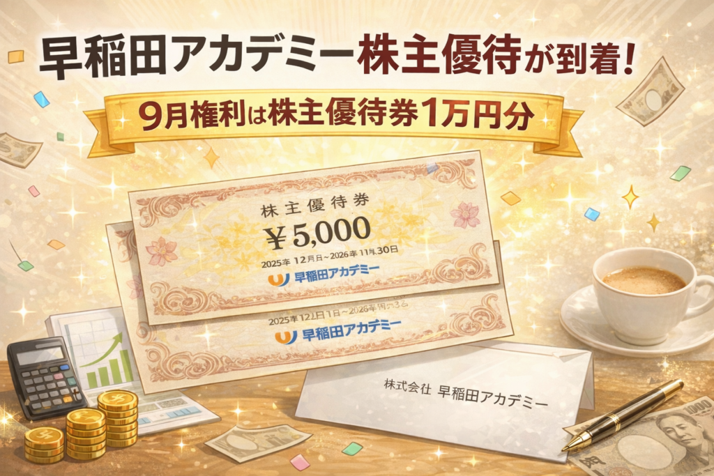 早稲田アカデミーの株主優待券5,000円分が2枚届いた様子。9月権利で合計1万円分の優待券と、会社名が記載された封筒、机の上に置かれたコーヒーカップやお金のイメージイラスト。