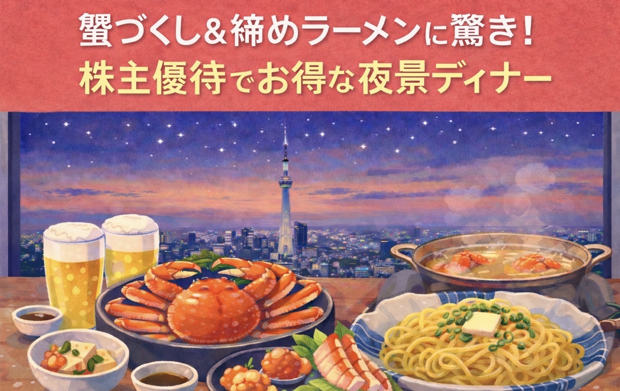 蟹づくしディナーと締めラーメン、夜景が見えるレストランで楽しむ株主優待グルメ|東京スカイツリーの見える窓際席のアイキャッチ