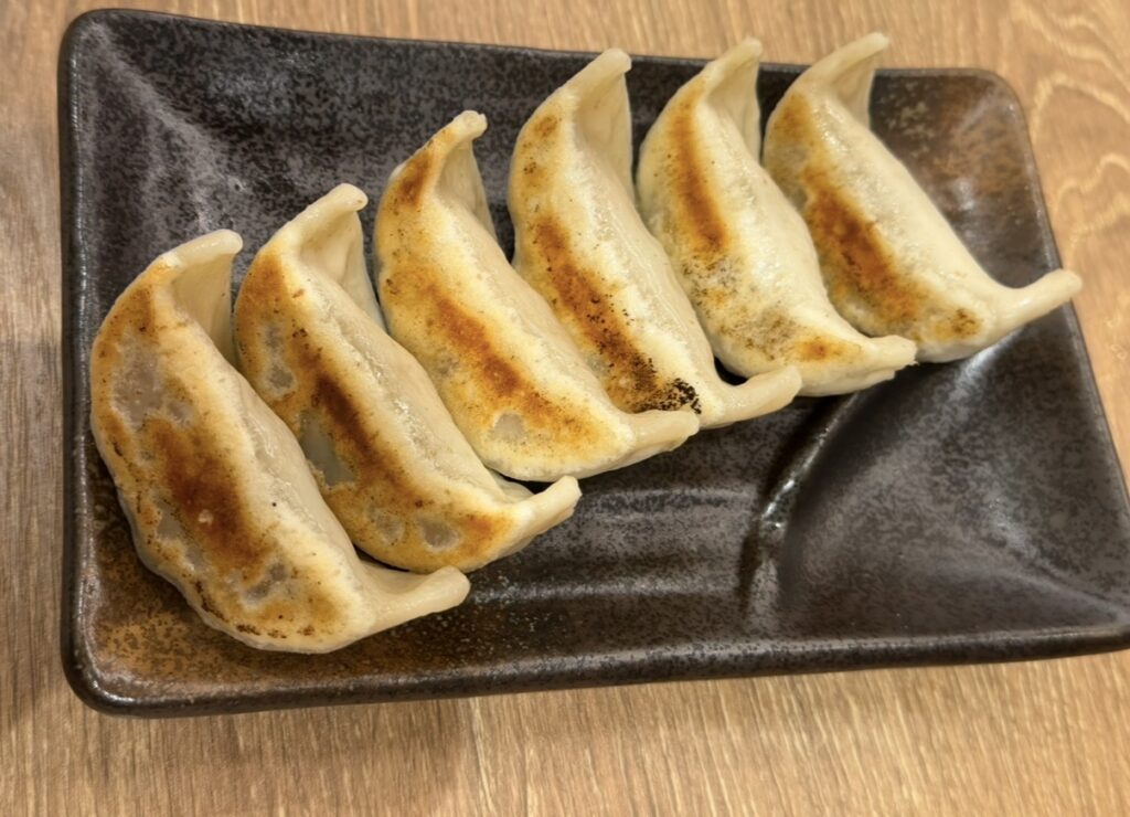 ダンダダンの名物『肉汁焼餃子』が6個並んだ一皿。もちもちとした厚めの皮に香ばしい焼き目がついており、肉汁たっぷりのジューシーさが伝わる盛りつけ。黒い長方形の皿に整然と並べられている。