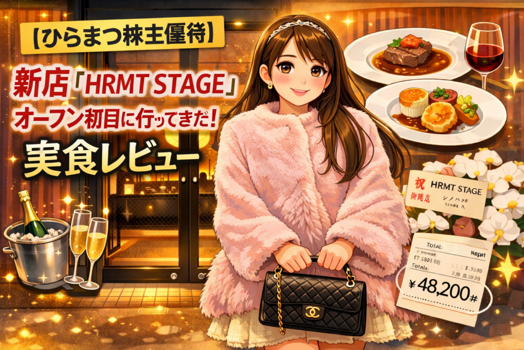 ひらまつ株主優待を利用して新店「HRMT STAGE」のオープン初日に訪問した様子を描いたイラストのアイキャッチ。ピンクのファーコートを着たなぎちゃんが店舗前に立ち、コース料理とワイン、会計金額48,200円のイメージが描かれている。