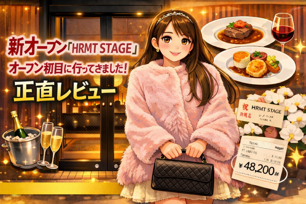 ひらまつ株主優待を利用して新店「HRMT STAGE」のオープン初日に訪問した様子を描いたイラストのアイキャッチ。ピンクのファーコートを着たブログ運営車COCO（イラスト）が店舗前に立ち、コース料理とワイン、会計金額48,200円のイメージが描かれている。