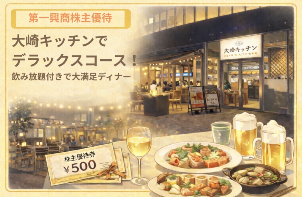 第一興商株主優待を使って大崎キッチンでデラックスコースを楽しむディナーのイラスト。店外観とテーブルに並ぶ料理、ビールやワイン、株主優待券が描かれたイメージ