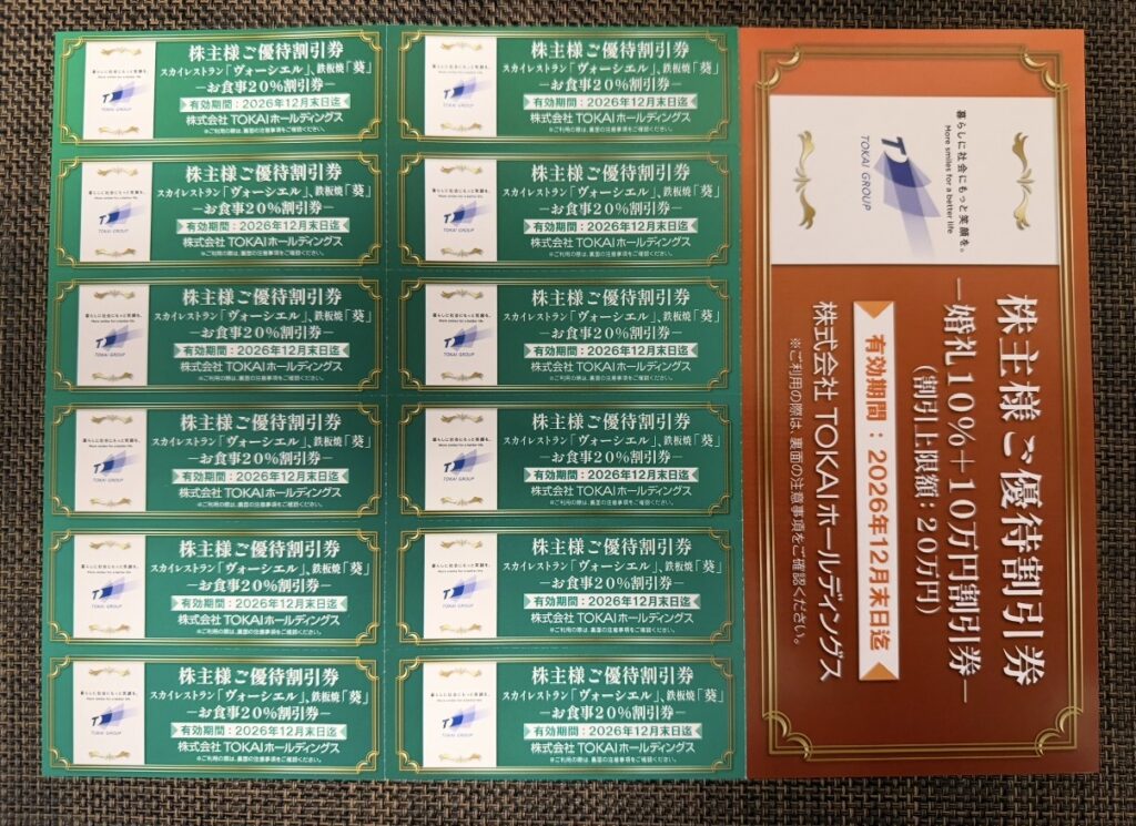 TOKAIホールディングス(3167)の株主優待で希望者に進呈される「お食事20%割引券」12枚つづりと「婚礼10%+10万円割引券」。有効期限は2026年12月末まで