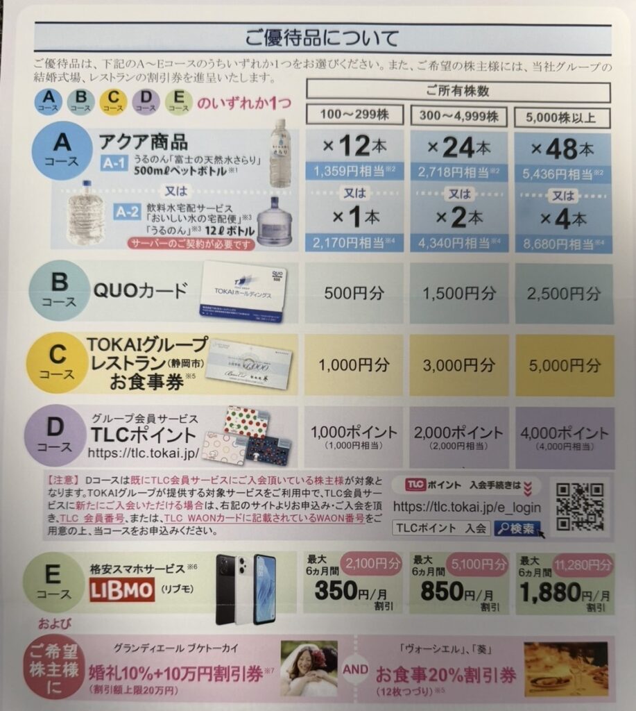 TOKAIホールディングス(3167)の株主優待案内。A〜Eコース(天然水、QUOカード、TOKAIグループレストラン食事券、TLCポイント、LIBMO割引)の内容と、100株・300株・5,000株以上で受け取れる優待内容の一覧
