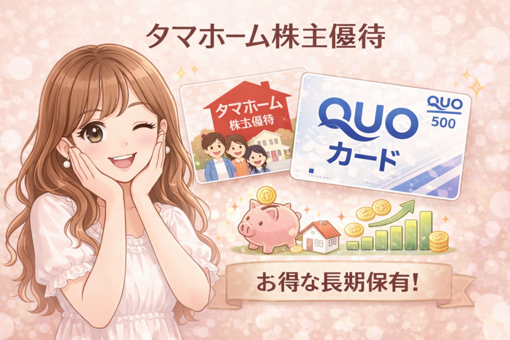 タマホーム（1419）の株主優待でQUOカードがもらえる内容を紹介したアイキャッチ画像。長期保有メリットを表現したデザイン