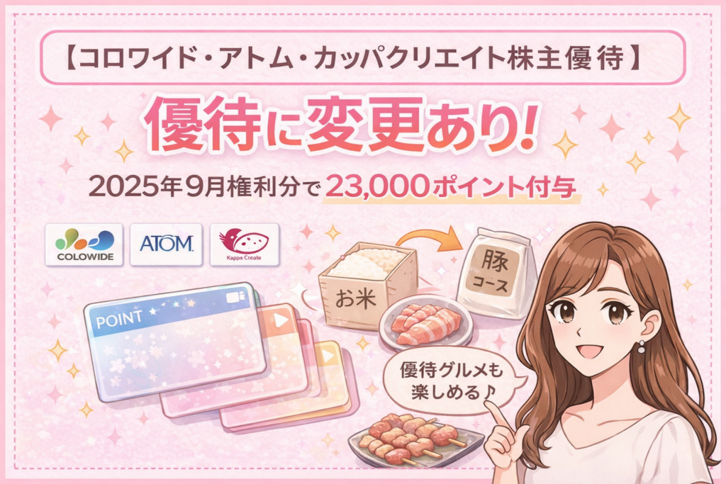 ブログ運営者COCOのイラストとともに、コロワイド・アトム・カッパクリエイトの株主優待変更内容を紹介するアイキャッチ画像。2025年9月権利分で23,000ポイントが付与され、優待グルメも楽しめることを表現している。