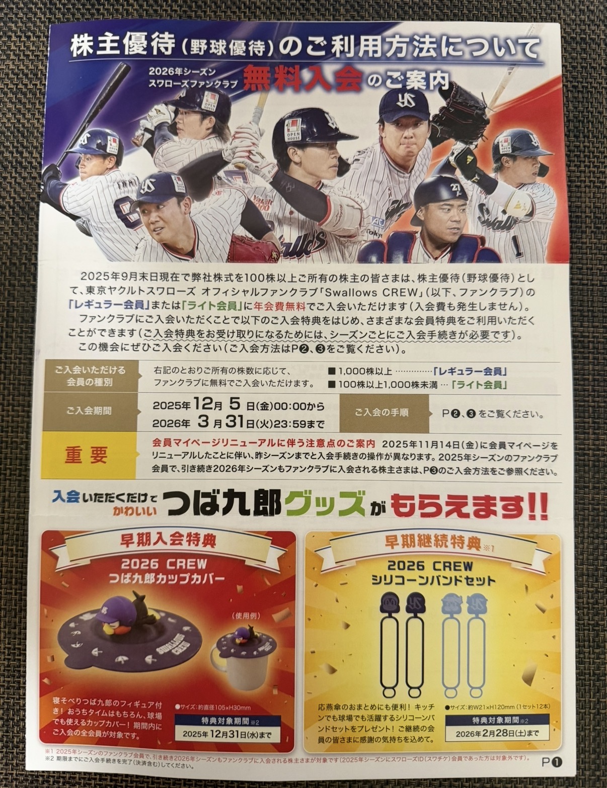 【ヤクルト本社(2267)株主優待2026】スワローズ特典が到着!早期入会&継続特典も紹介 - 配当金で生きていくのを目指して