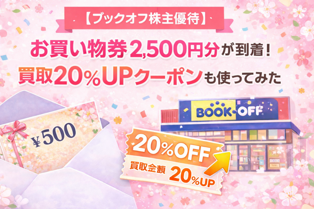 ブックオフの株主優待として届いたお買い物券2,500円分と、買取金額20％アップクーポンをイメージしたアイキャッチ画像