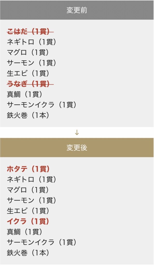 銀のさらの注文画面でネタの変更前と変更後を比較したスクリーンショット。こはだとうなぎからホタテといくらに変更されている様子が分かる画面