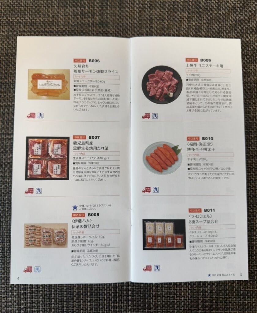 日本管財株主優待カタログ2ページ目 惣菜と食材（スモークサーモン、黒豚生姜焼き、明太子、ミニステーキなど）