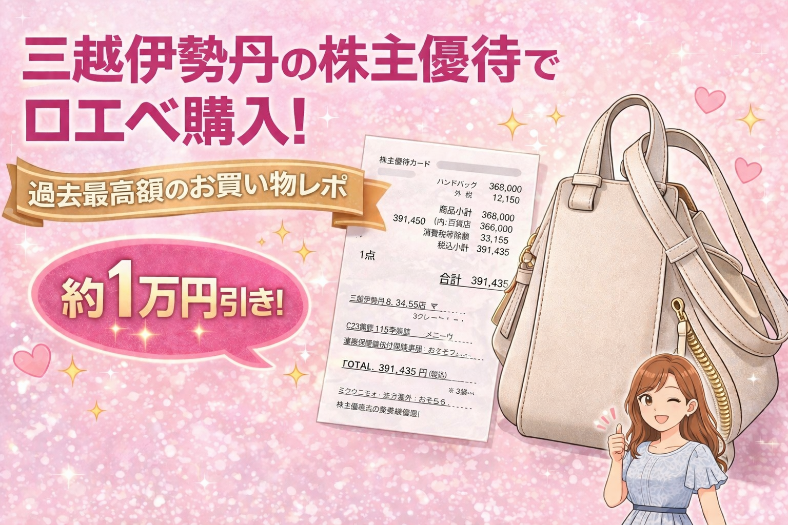 三越伊勢丹の株主優待でロエベのバッグを購入し約1万円割引になったことを紹介するアイキャッチ画像。レシートとベージュカラーのハンモックバッグ、グッドポーズのブログ運営者COCOのイラストが配置されている。