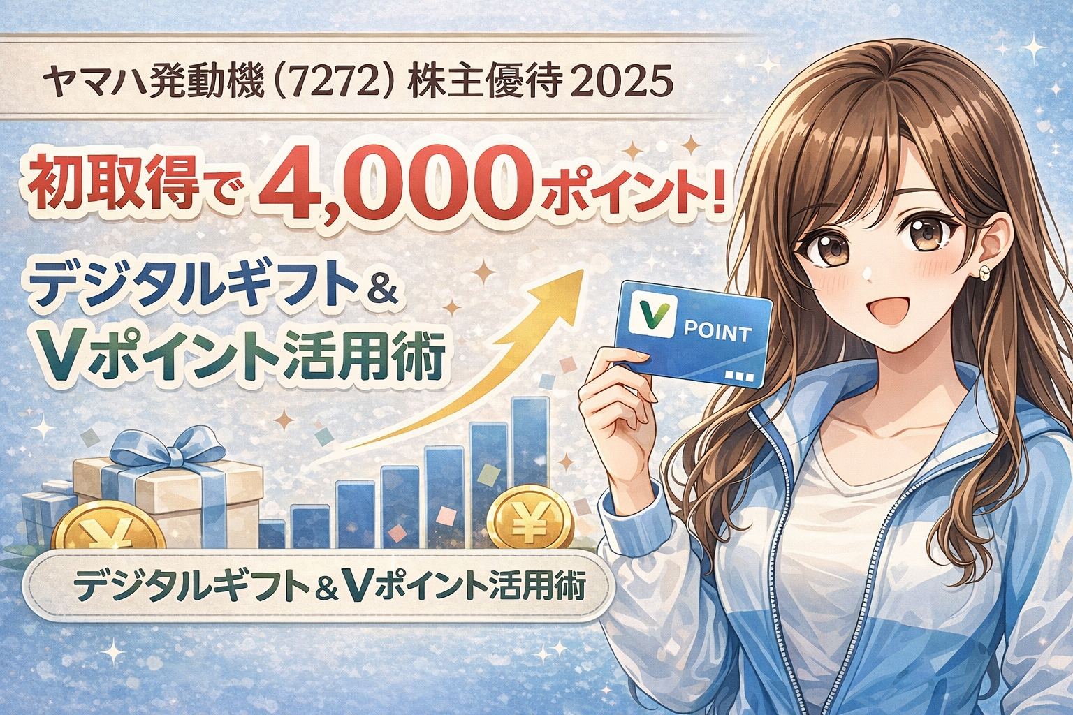 ヤマハ発動機（7272）の株主優待2025を紹介するアイキャッチ画像。初取得で4000ポイントやデジタルギフト、Vポイント活用術をテーマに、ブログの運営者COCO（似顔絵）がVポイントカードを持っているイラスト。