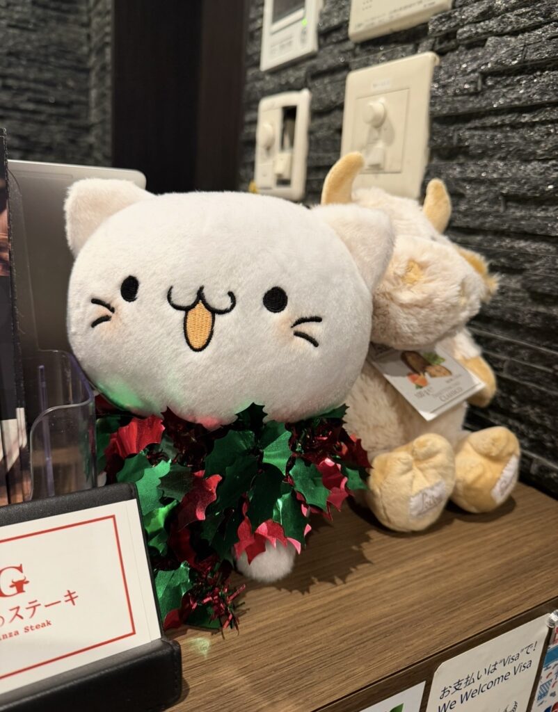 銀座のステーキ銀座本店のレジ横に飾られていたベルーナ公式キャラクター「べるーにゃ」のぬいぐるみ