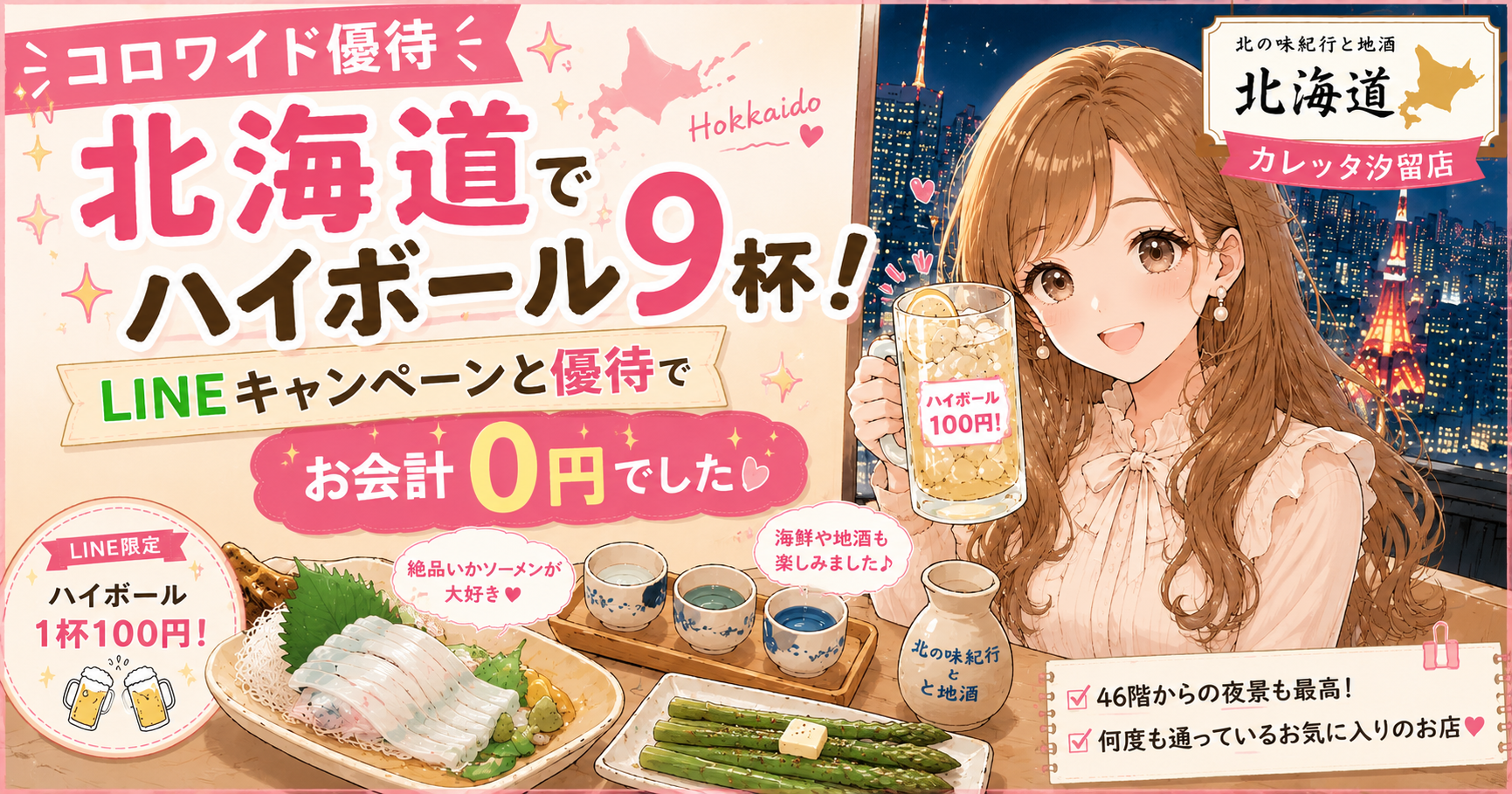 altテキスト： コロワイドの株主優待を利用して、北の味紀行と地酒 北海道 カレッタ汐留店でハイボールや海鮮料理を楽しむブログ運営者COCOのイラストアイキャッチ。LINEキャンペーンでハイボール1杯100円、お会計0円の文字や46階からの夜景も描かれている。
