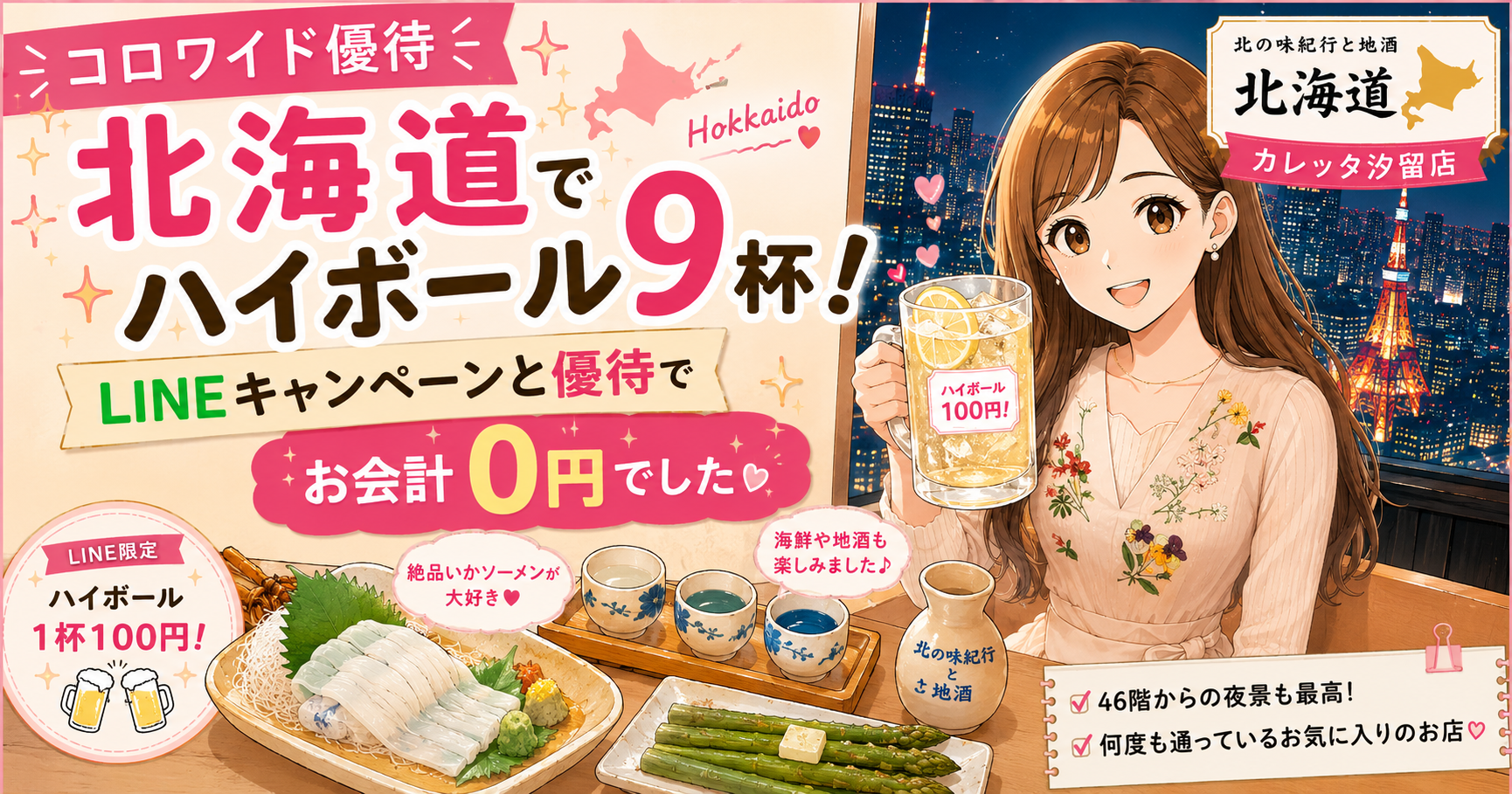 コロワイドの株主優待を利用して、北の味紀行と地酒 北海道 カレッタ汐留店でハイボールや海鮮料理を楽しむブログ運営者COCOのイラストアイキャッチ。LINEキャンペーンでハイボール1杯100円、お会計0円の文字や46階からの夜景も描かれている。