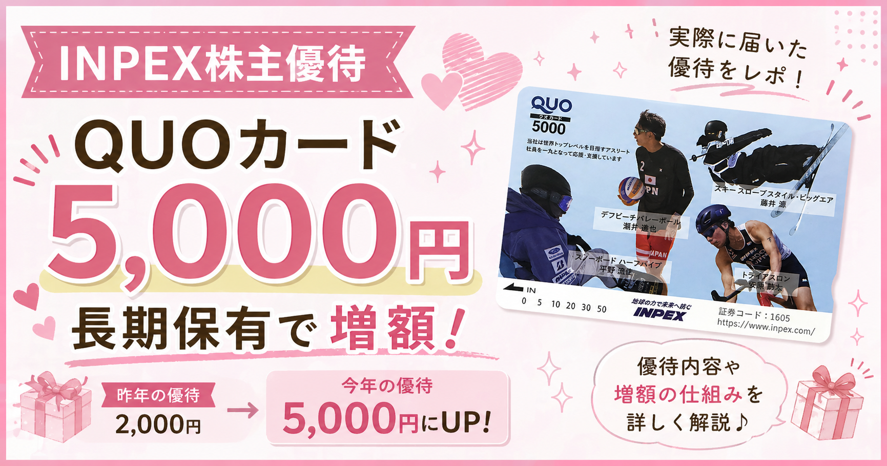 INPEXの株主優待でQUOカード5,000円に増額されたことを紹介するアイキャッチ画像（長期保有で優待アップ・スポーツ選手デザインのQUOカード）
