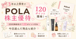 POLA株主優待のアイキャッチイラスト。3年以上保有で120ポイント獲得し、優待カタログや美容アイテムのラインナップ、実際に注文した商品紹介をイラスト風にまとめたブログ用画像