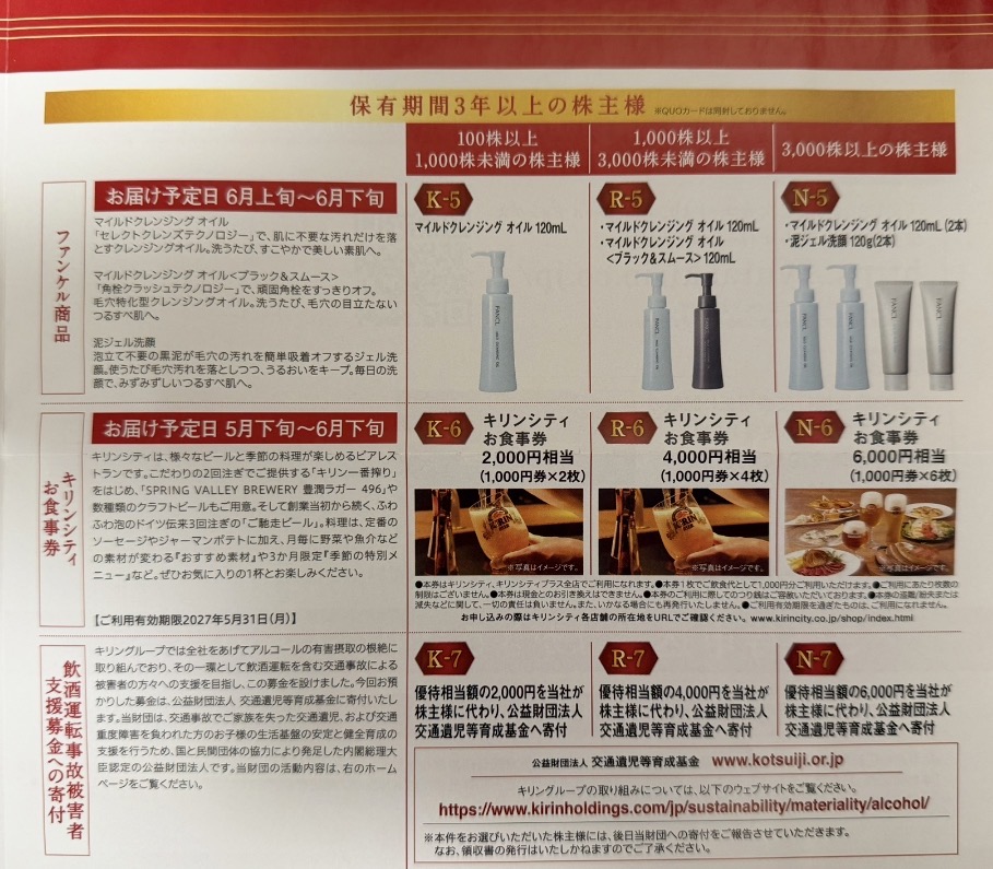 キリンホールディングスの株主優待案内で、3年以上保有の株主が選べるファンケル商品や食事券などが掲載されたページ